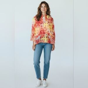 Erin London Red and Yellow Abstract Sheer Long Sleeve Blouse Size Large NWT